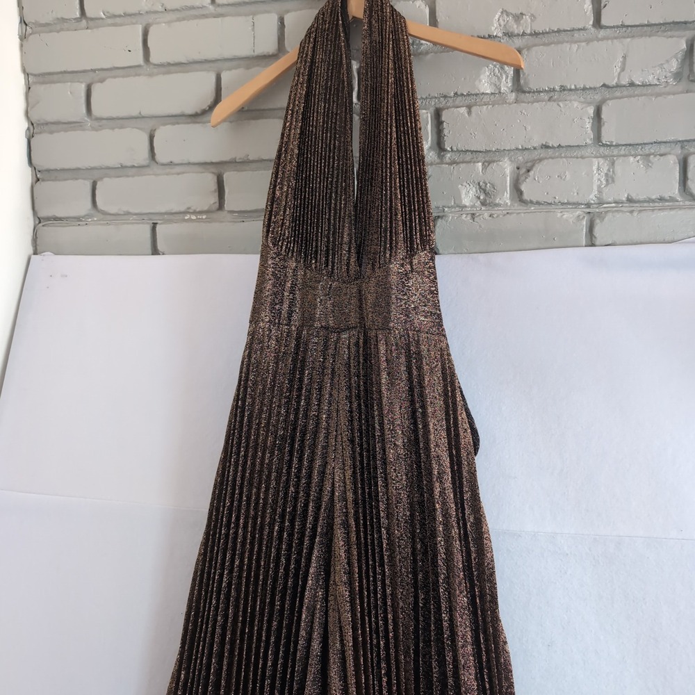 Vtg Loll Ease 70s Bronze Metallic Lurex Pleated Halter Jumpsuit Wide Leg Disco 8